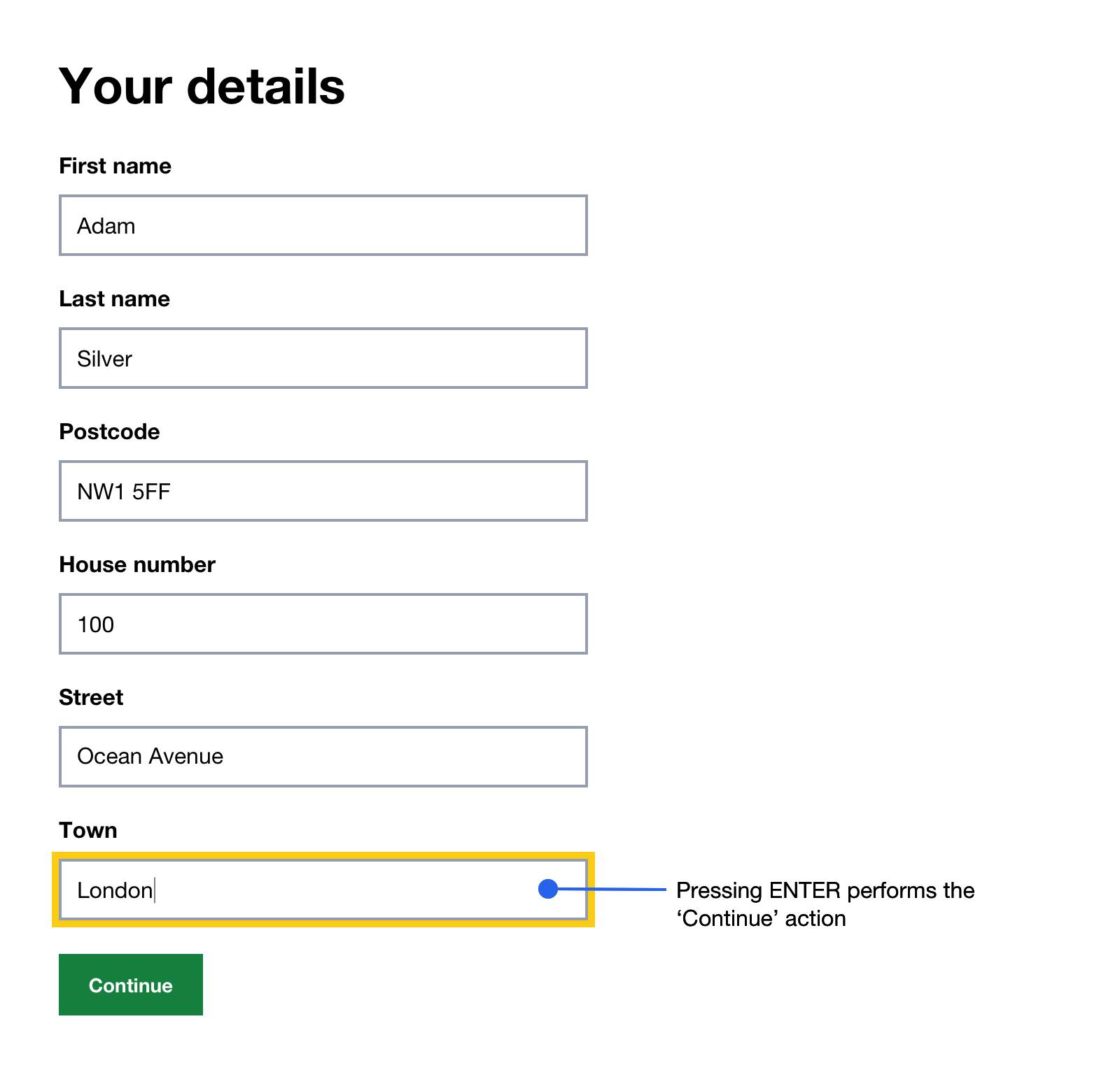 Completed form, one button, last input is focused.