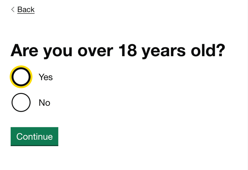 A form asking "Are you over 18 years old?" with two large, round radio buttons for Yes and No. Yes is selected with a filled circle and a visible blue focus ring.