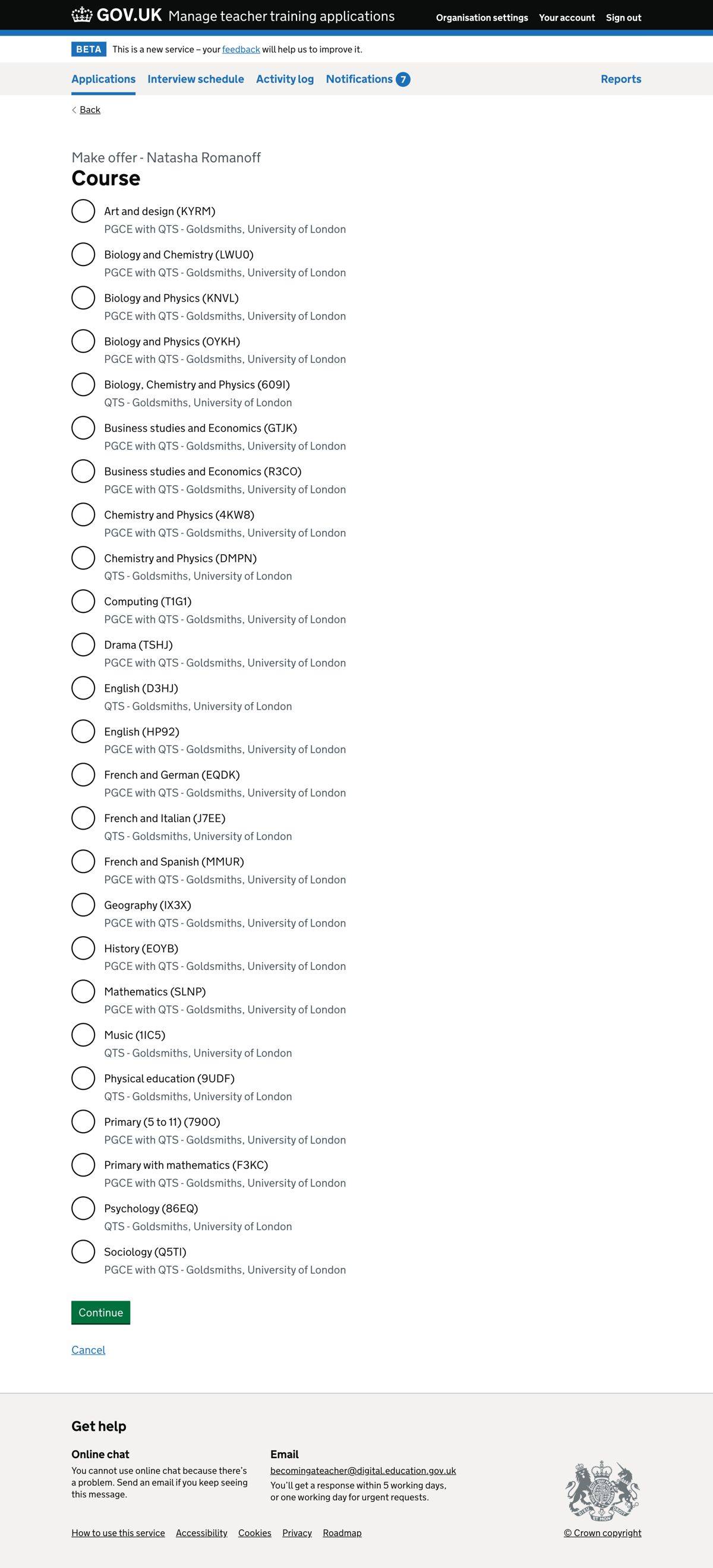 Long list of radio buttons for users to select a course
