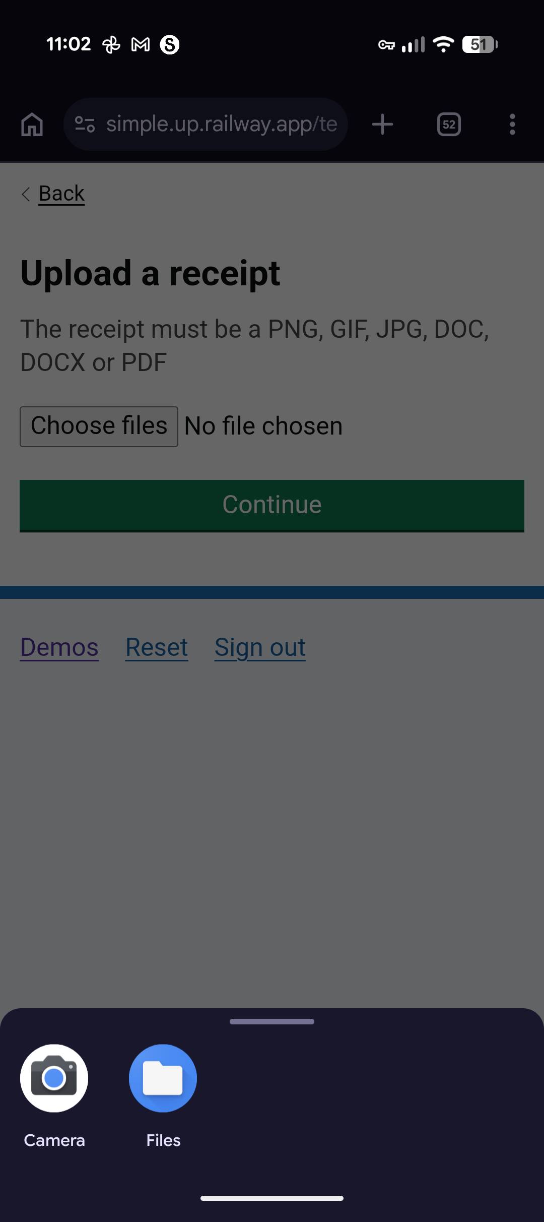Android file picker showing options for camera and files when multiple types are set