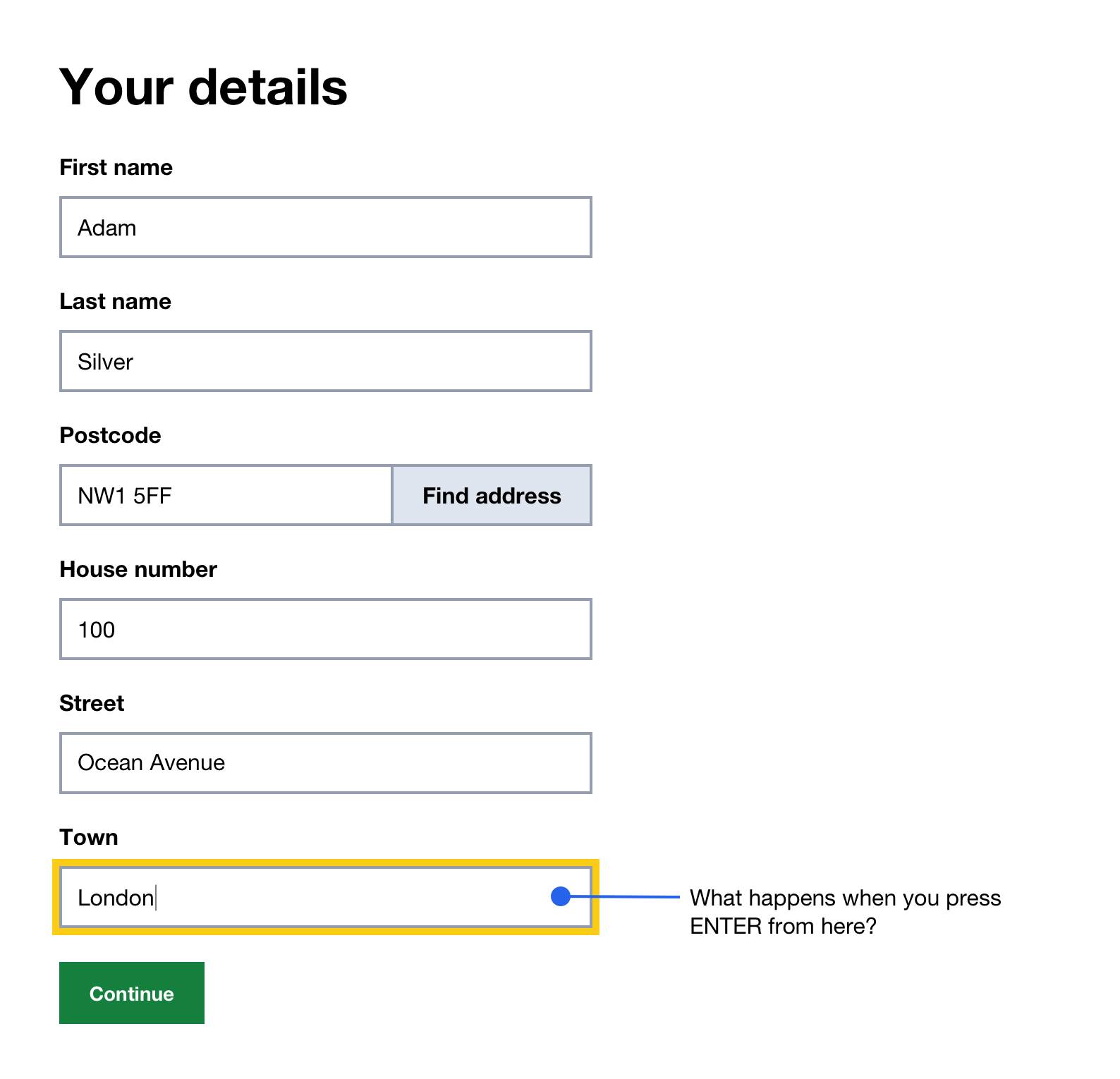Completed form, two buttons, last input is focused. Unclear which action will be taken.