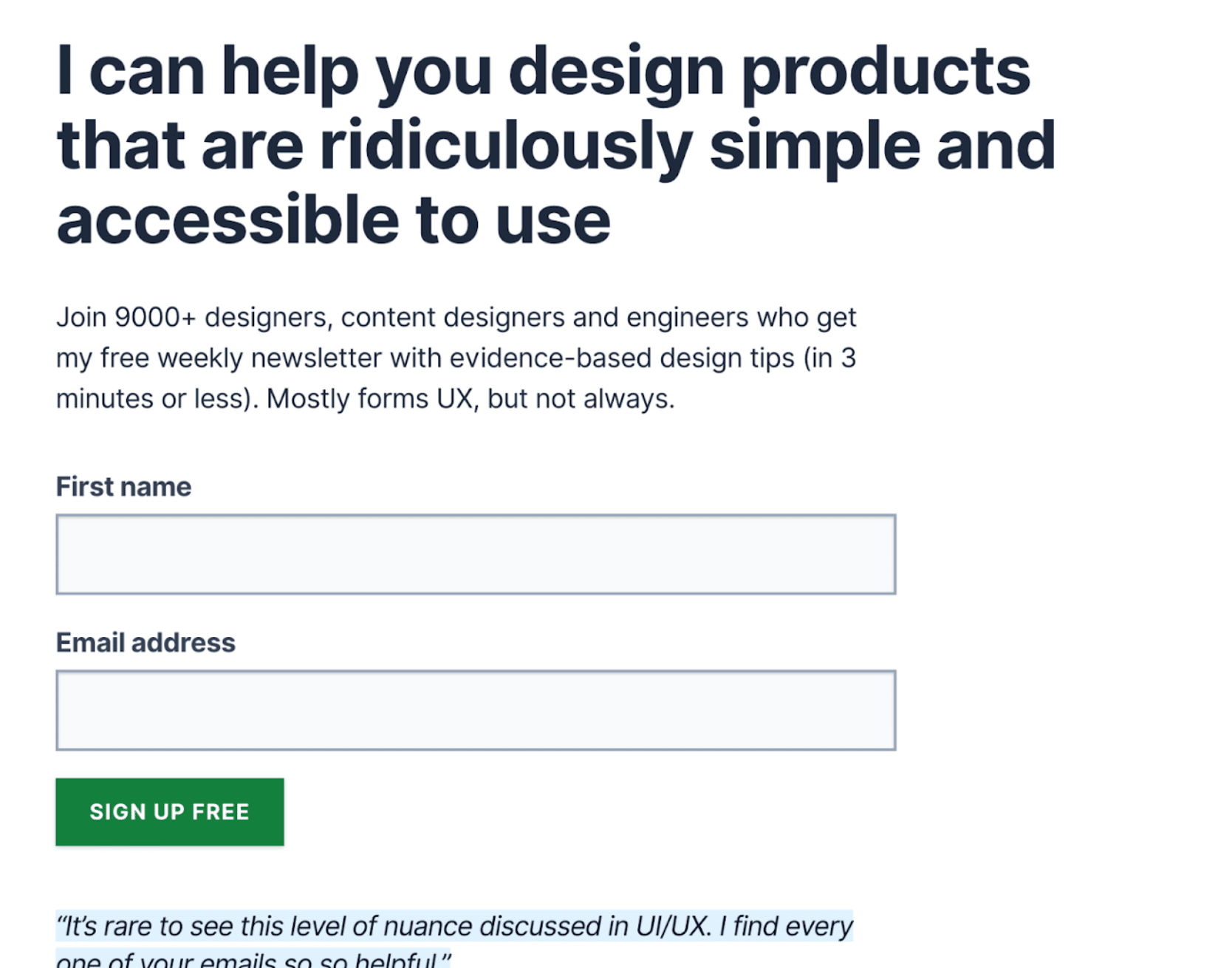 My sign up form with first name and email address fields.