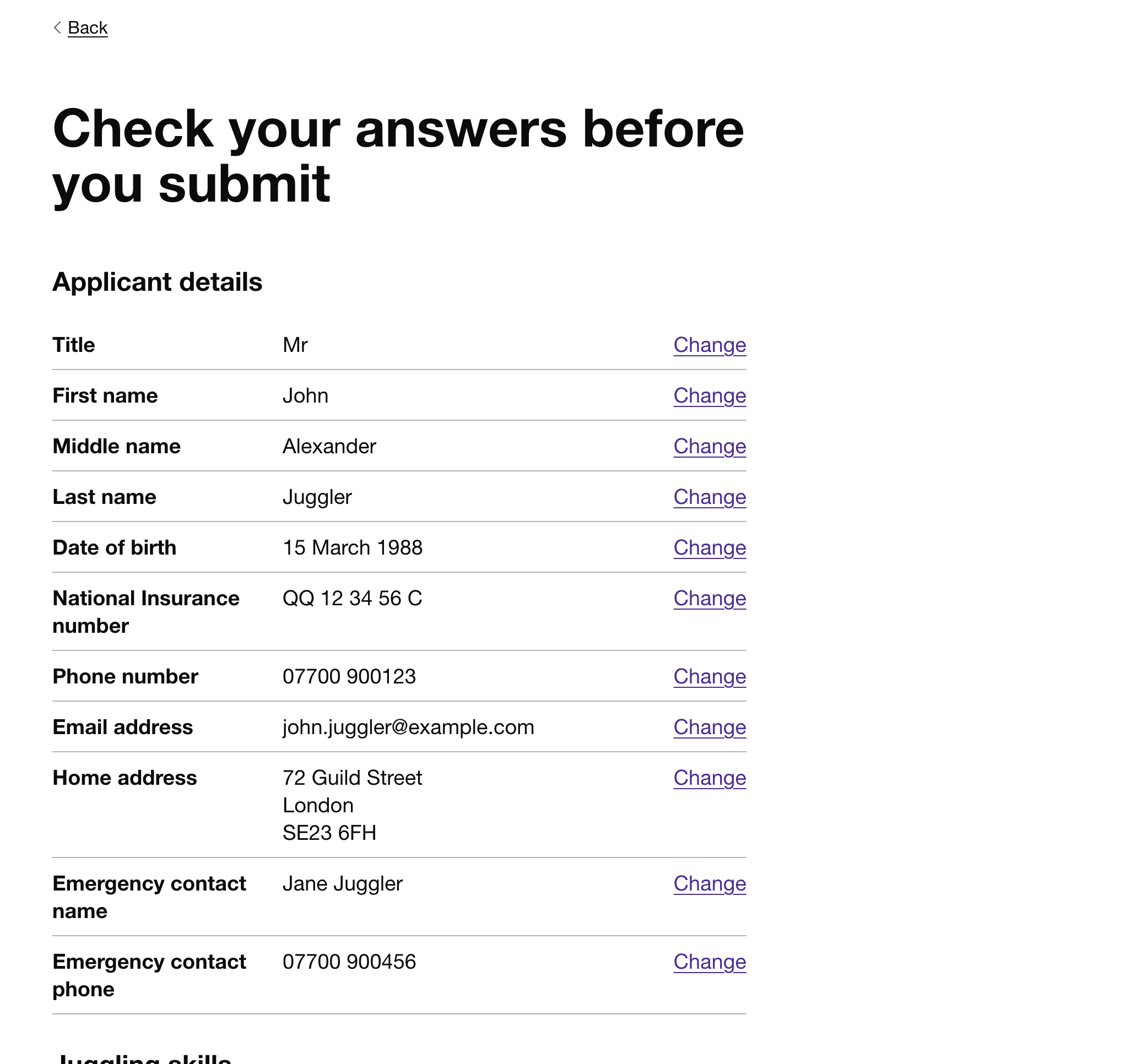 Standard check answers page with a change link next to each field.