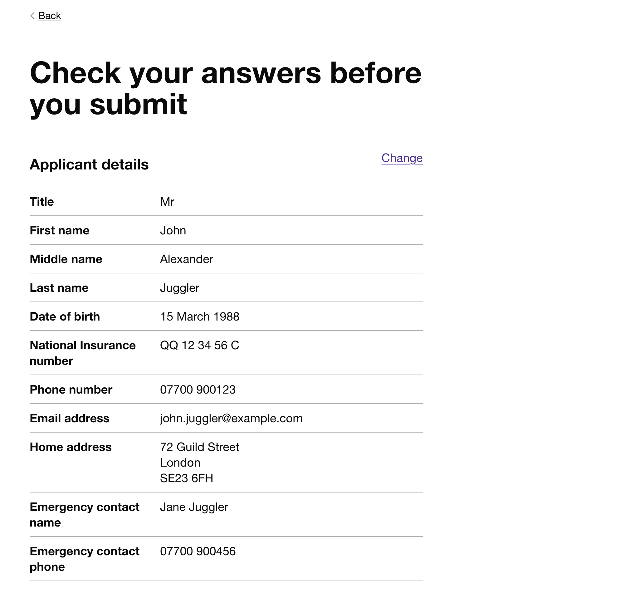 Check answers page with one change link for multiple answers