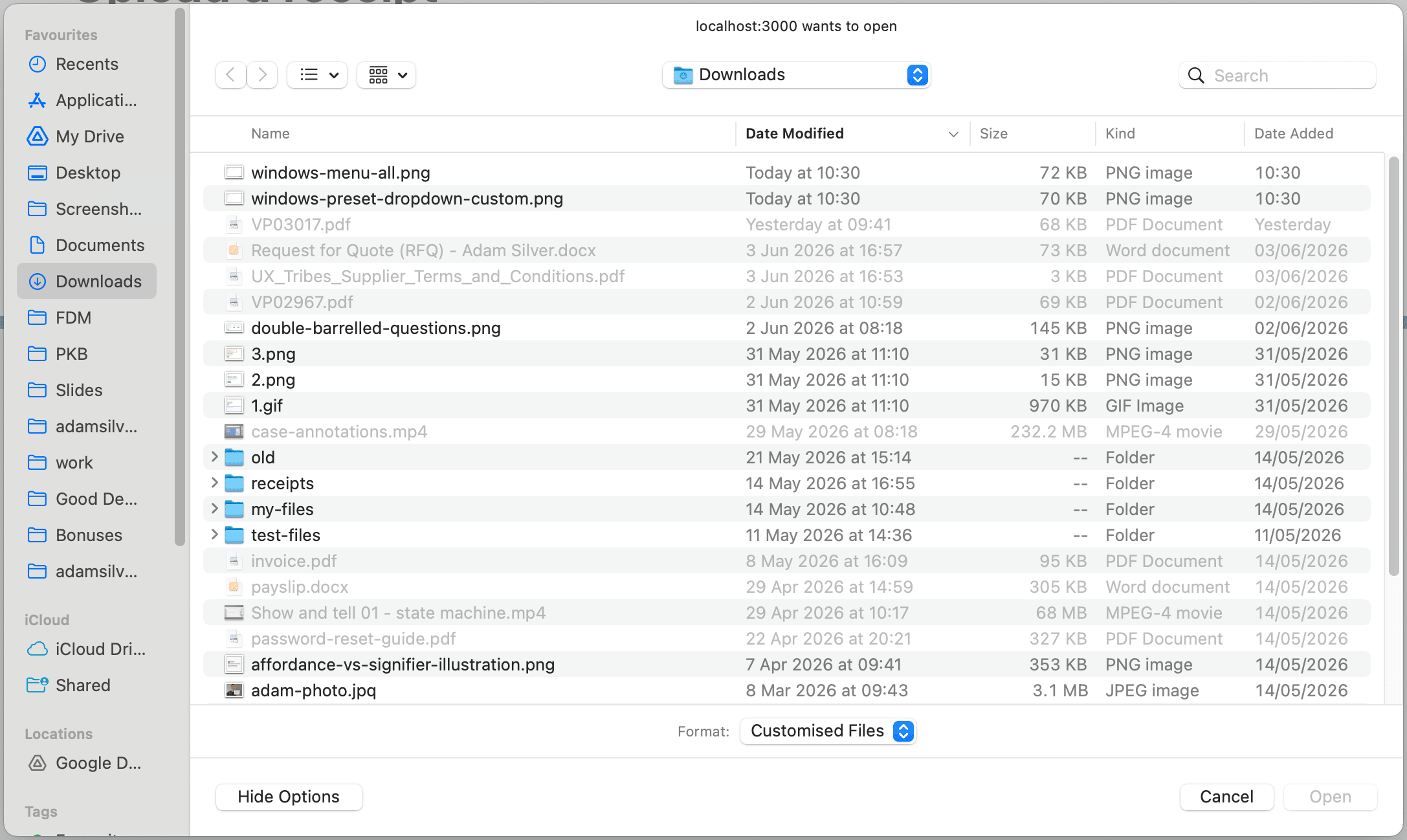macOS file dialog showing the more options menu expanded with a file type filter