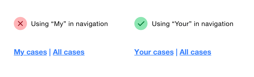Navigation example: wrong uses 'My cases,' correct uses 'Your cases.'