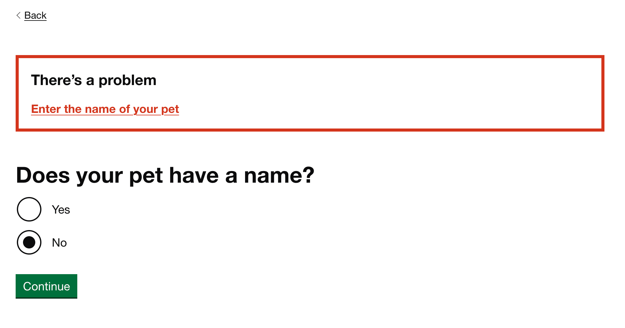 Yes/no radios, error summary at the top, with no selected which hides the erroneous input