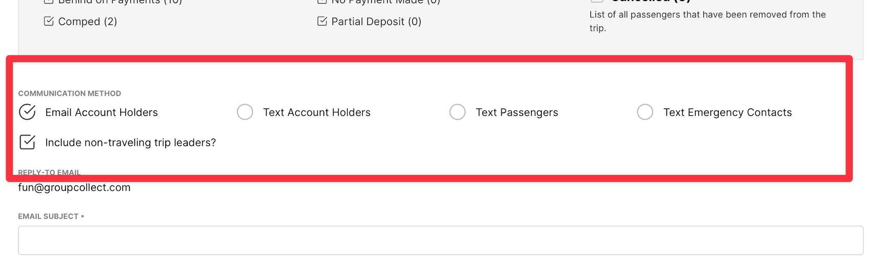 Communication field with four radio buttons. The first one is default selected. It has a tick inside it. And below it is a checkbox, which is square rather than circular and has a tick inside it.