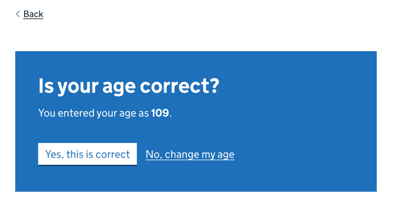 Interruption page pattern asking if your age is correct.