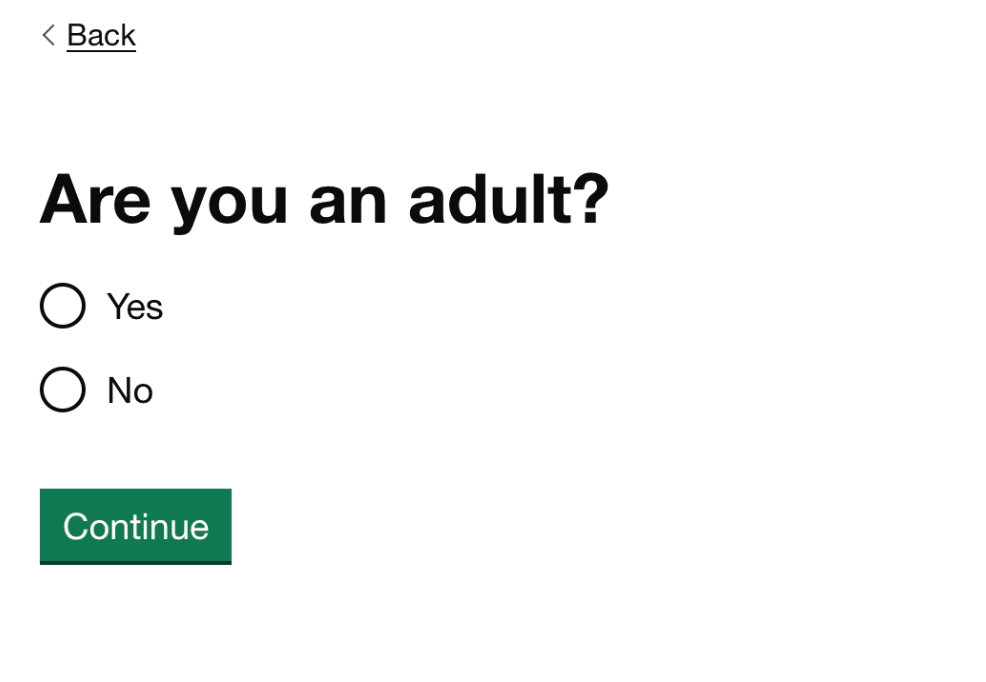 A form asking "Are you an adult?" with two small, square radio buttons for Yes and No. The selected state is unclear and there is no focus indicator.