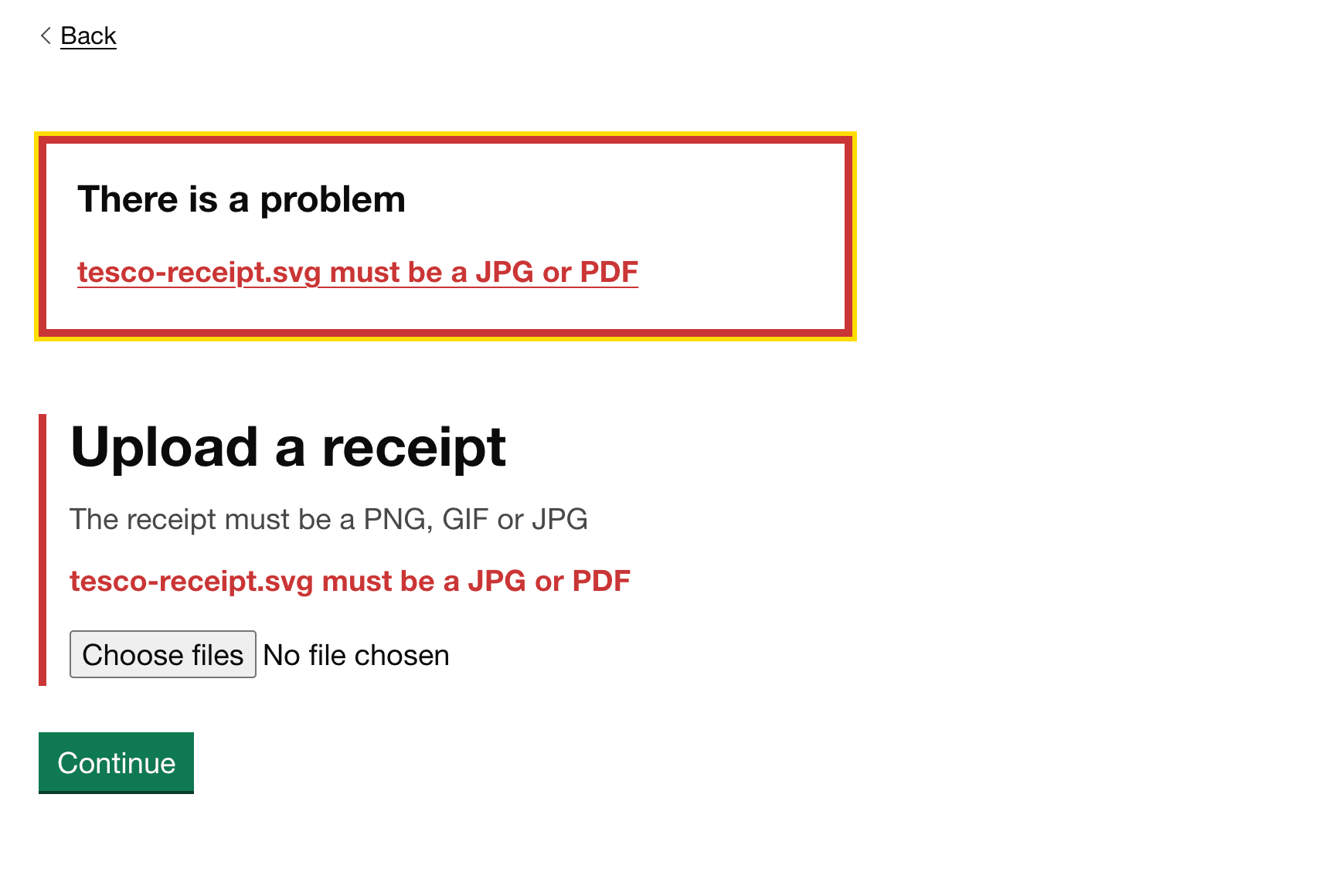Same upload interface showing an error message.