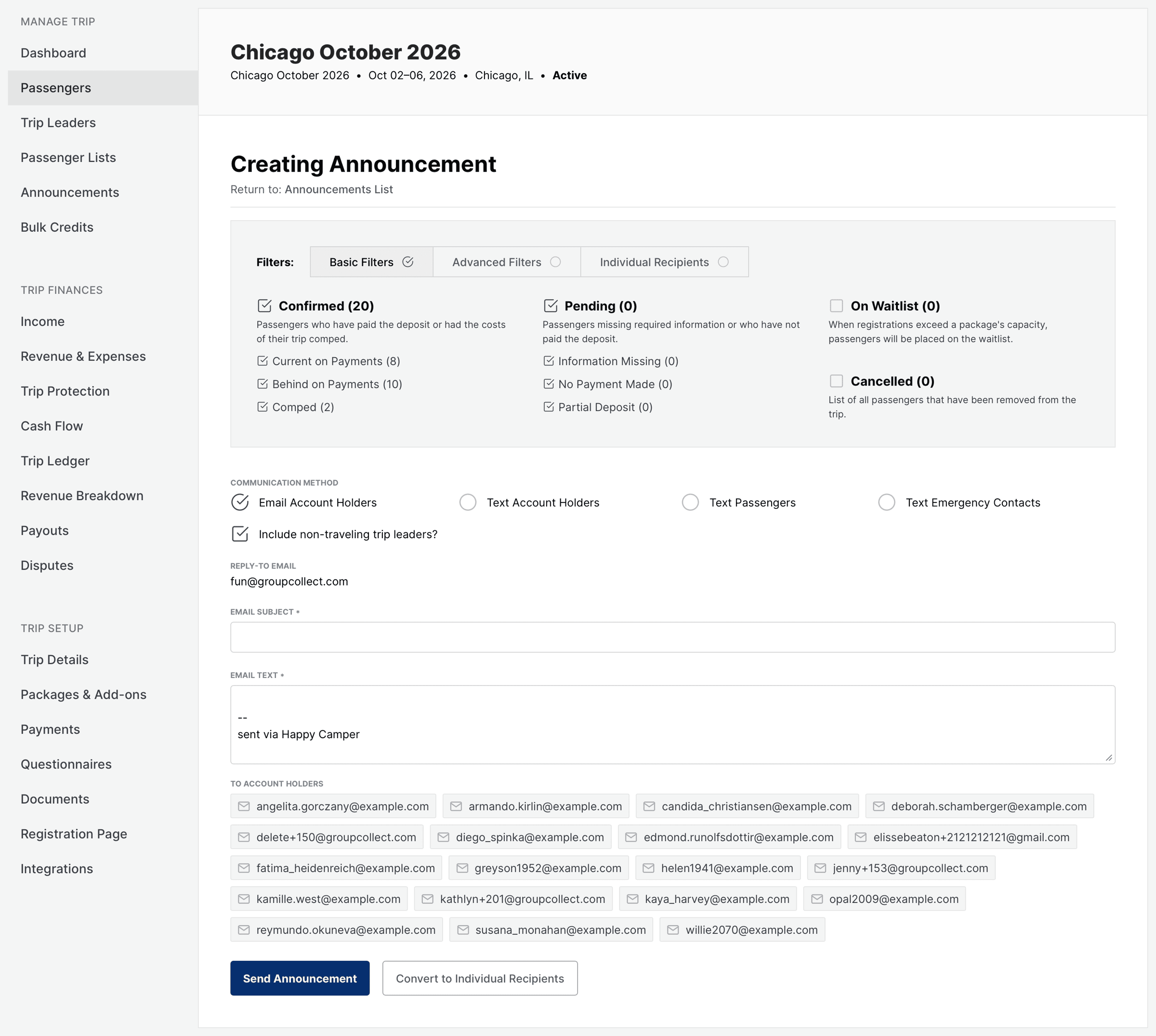 The announcement form which contains several fields such as filters, communication method, email subject, body and submit buttons at the bottom.
