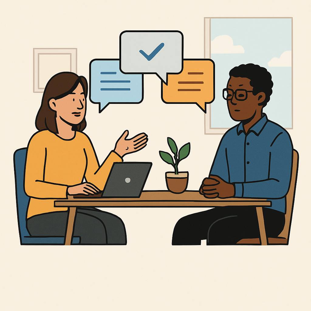 Two characters speaking to each other during a 1:1 meeting.