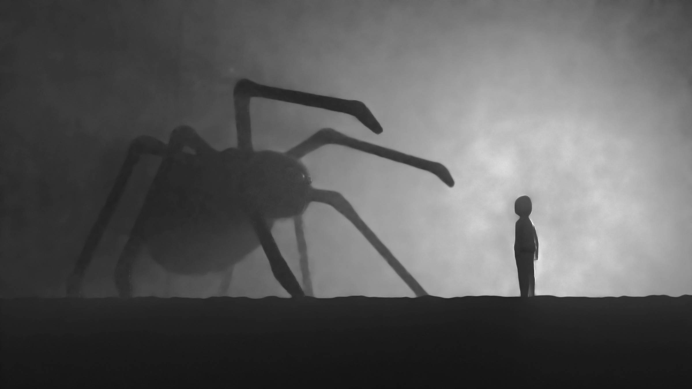Computer rendering of a man standing in front of a spider creature twice their height.
