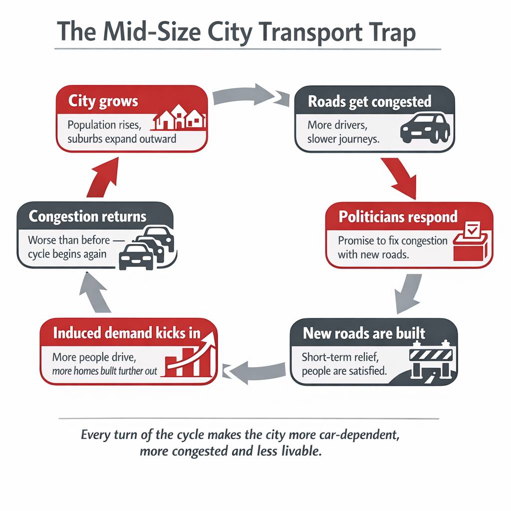 More Roads, More Problems: The Mid-Size City Trap and How to Escape It
