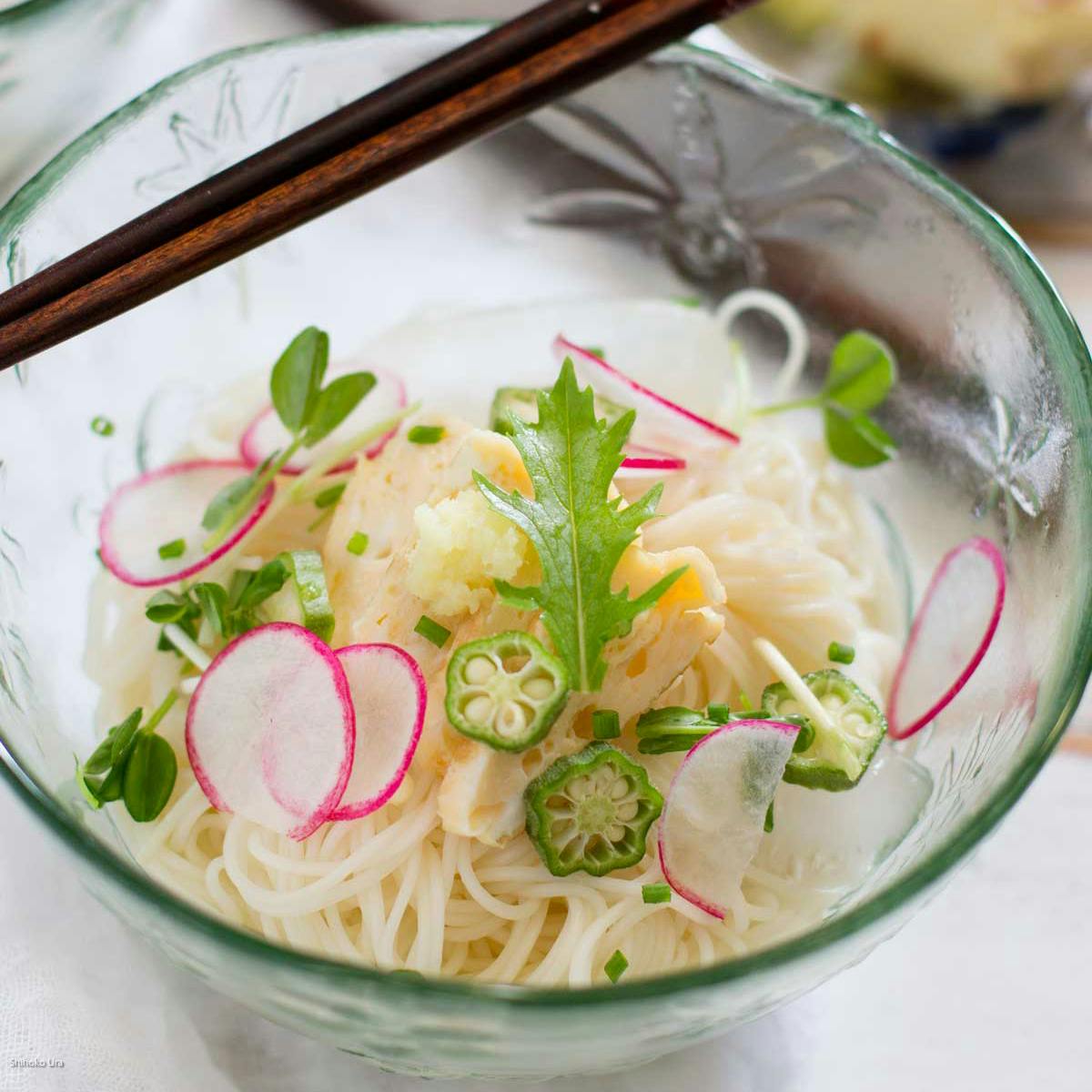 Chilled somen noodles served in a glass bowl