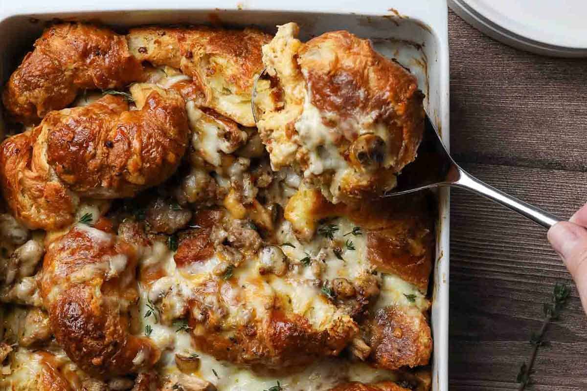 easy sausage mushroom croissant casserole