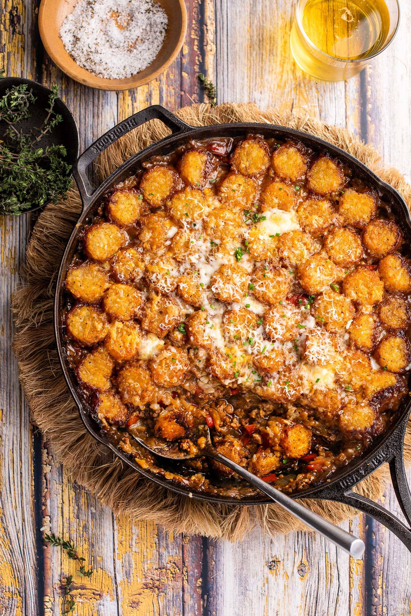easy tater tot casserole in a skillet