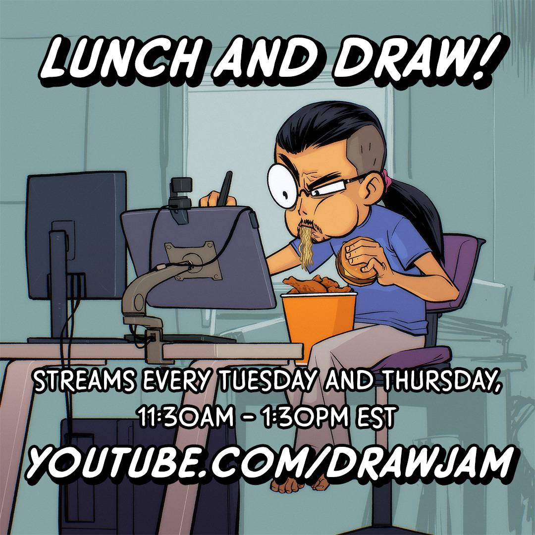 A chibi drawing of me sitting at my drawing tablet slurping ramen noodles, holding a burger in my left hand while I draw with my right, and holding a bucket of chicken between my knees.