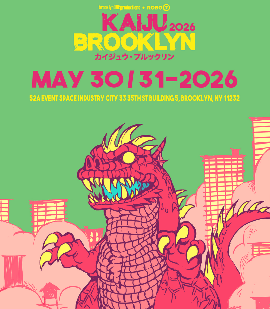 A poster for Kaiju Brooklyn featuring a giant pink kaiju that looks like a Godzilla inspired monster with yellow fins and claws. The dates of the show are included May 30-31, 2026. 52A Event Space Industry City 33 35th St Building 5, Brooklyn, MY 11232.