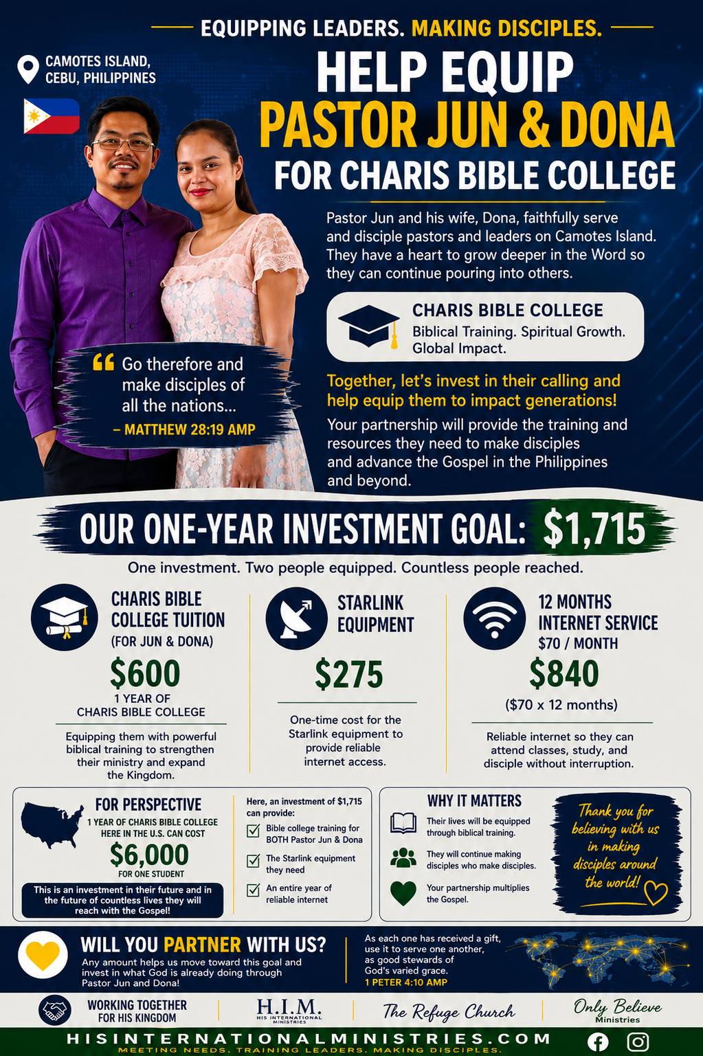 Pastor Jun & Dona - Help Equip Them for Charis Bible College