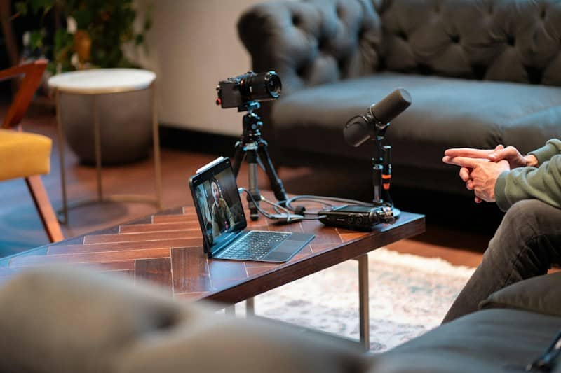 Camera, microphone, and laptop set up for recording