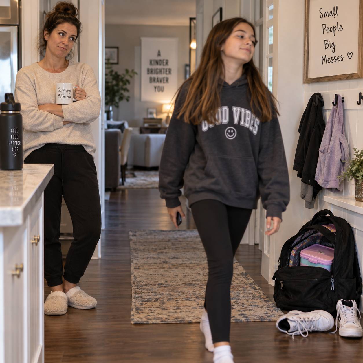 A parent stands in the kitchen with a “Seriously?” expression as her tween walks past a backpack, lunchbox, and shoes left on the floor, capturing the everyday frustration of a child knowing what needs to be done but not doing it.