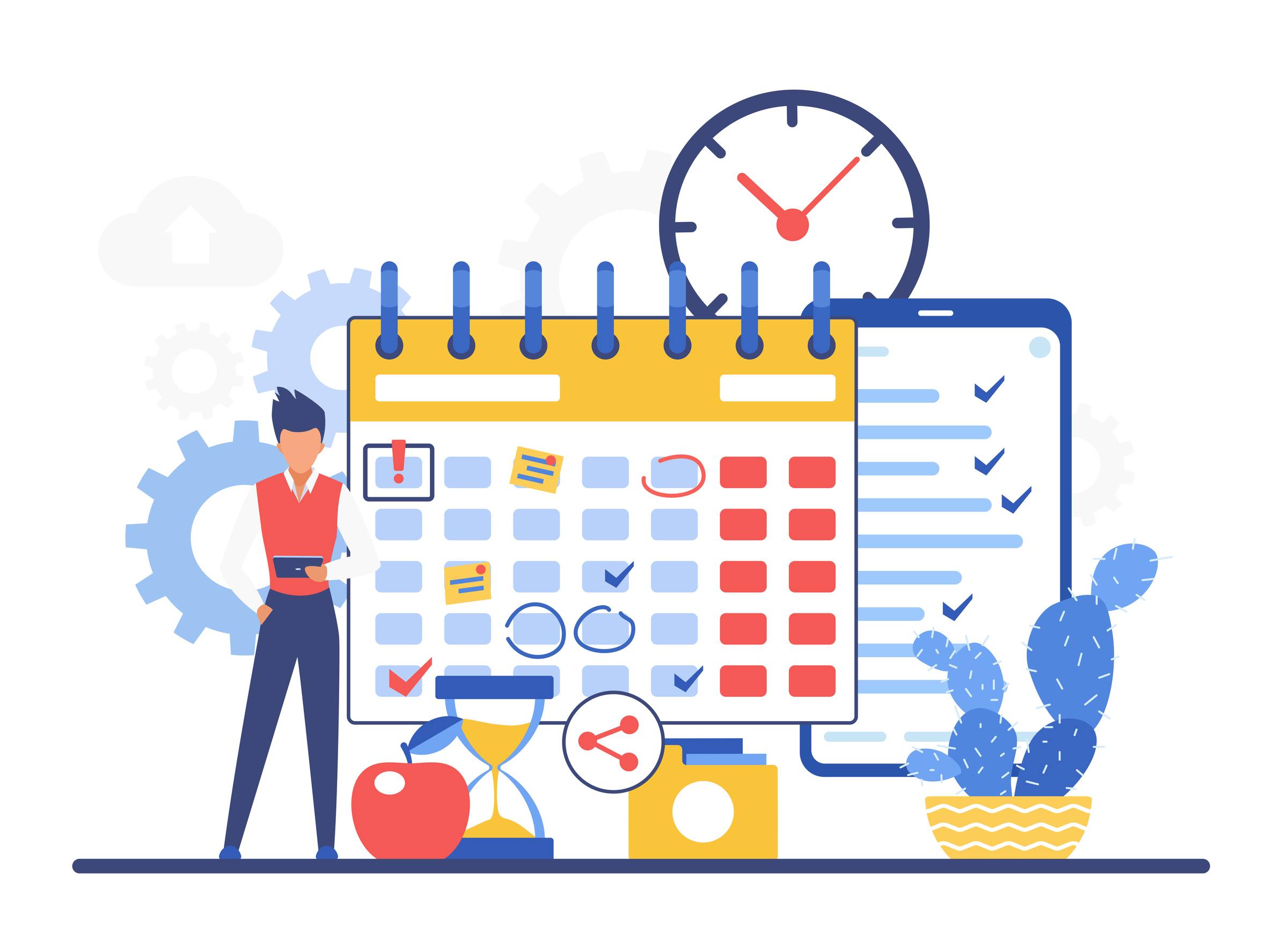 Calendar planning timesheet schedule program. Effective time management organizing tasks activities