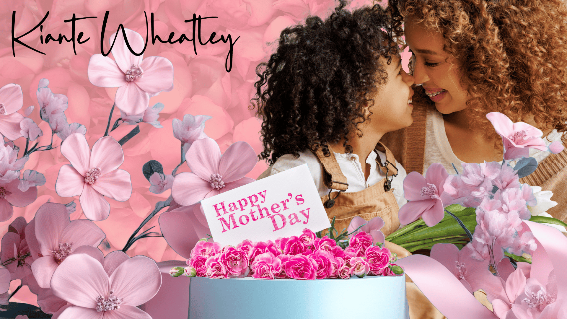 Beautiful image with background of rose petals, flowers in the forefront, with a Happy Mothers Day sign on a pedestal. And a side picture of a mother and son rubbing their nose together and smiling. 