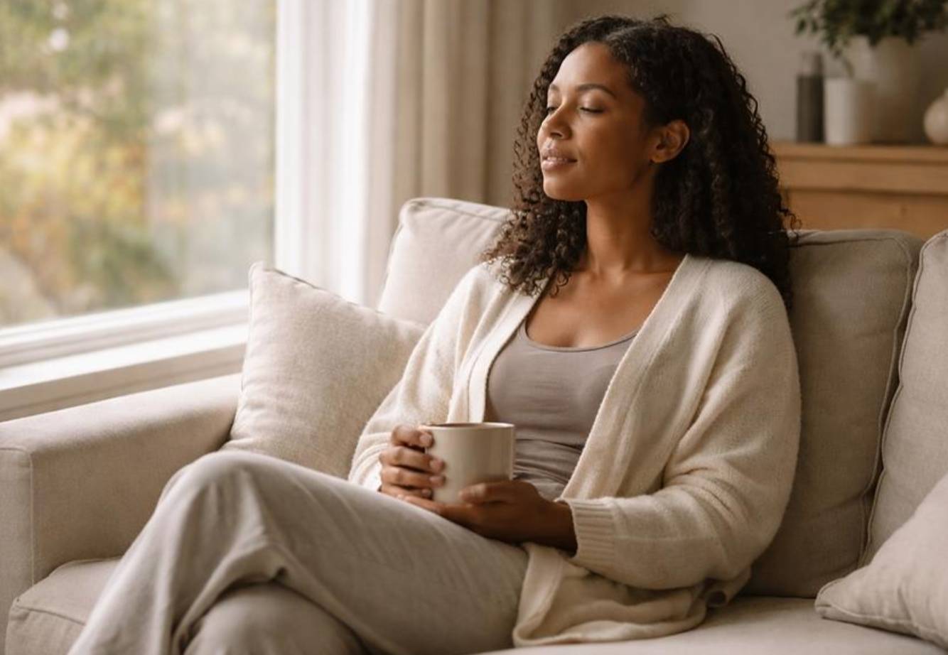 A working parent intentionally taking time to rest at home. Calm, natural, and relatable rather than a staged spa or wellness photograph.
