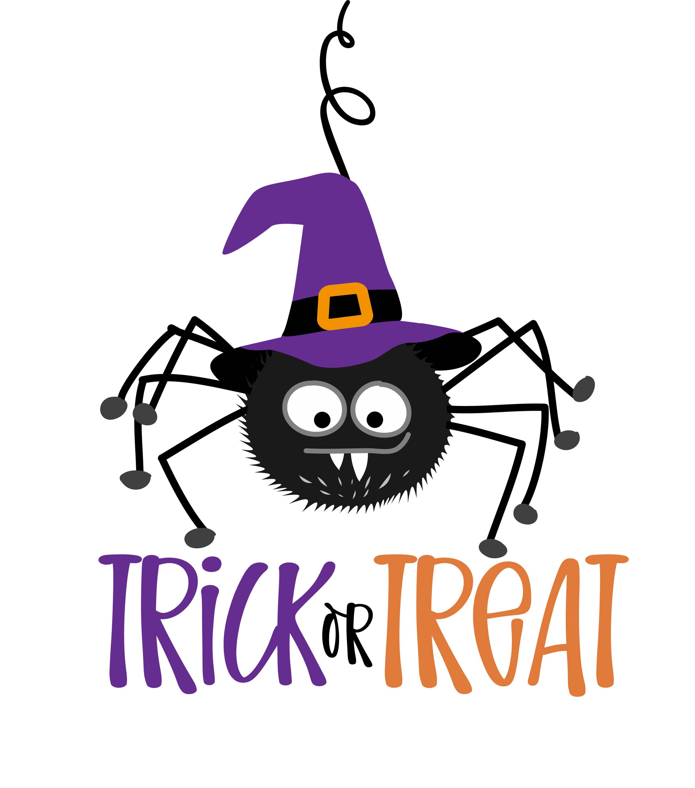 Trick or treat text with cute spider with witch hat - Happy Halloween quote on white background. Good for t-shirt, mug, home decoration, gift, printing press. Holiday quote. 