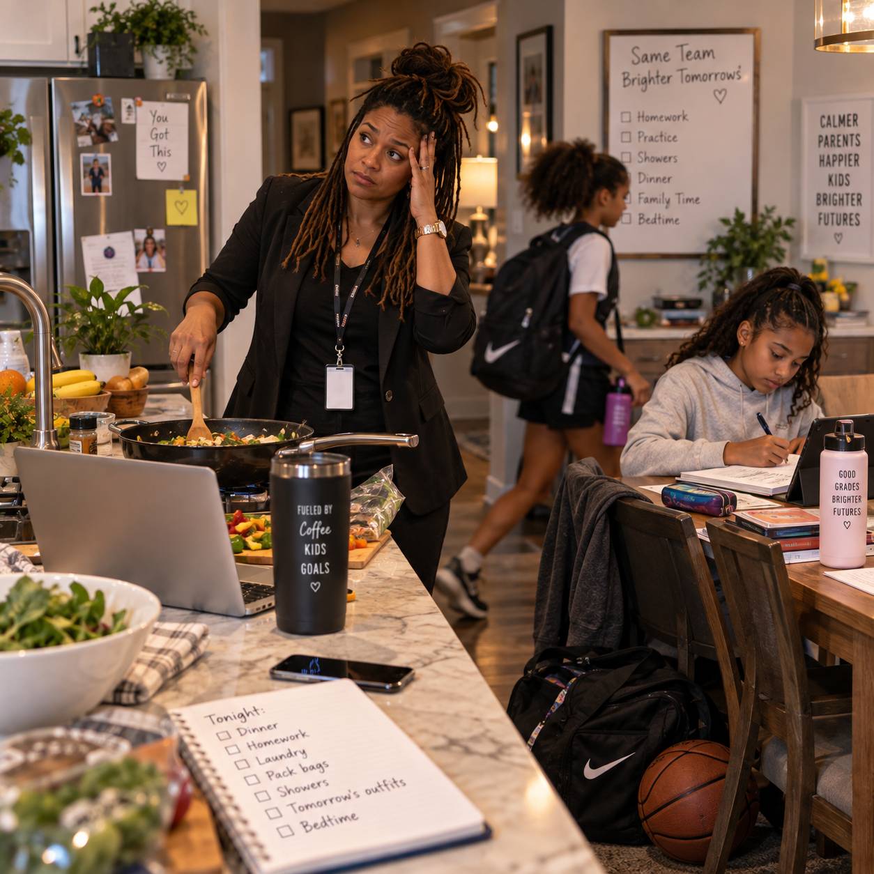 A working parent, still dressed for work, prepares dinner in a busy kitchen while one child does homework at the table and another passes through with a backpack. Sports gear, schoolwork, and evening tasks surround them as the parent looks tired and overw