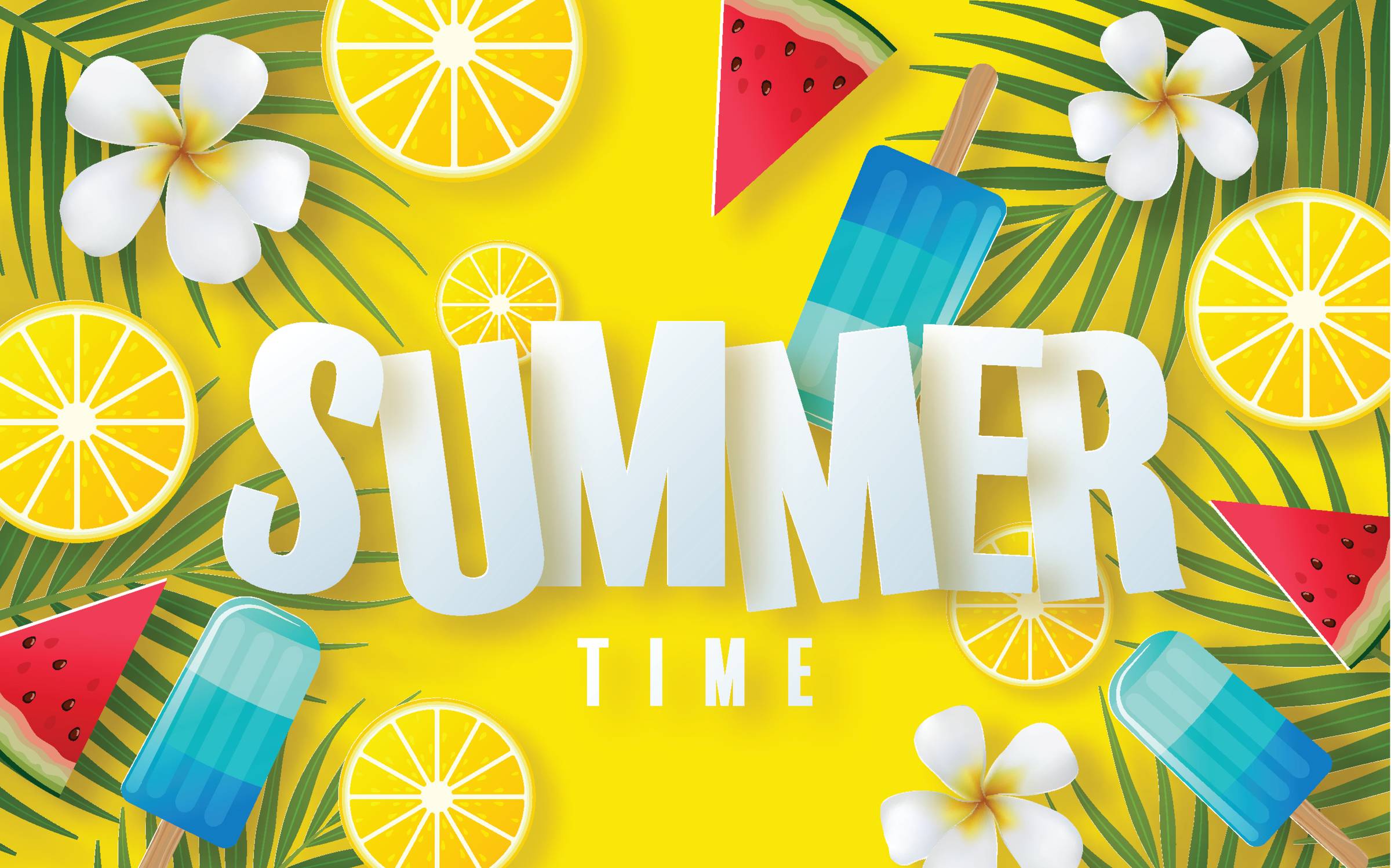 Summer time holiday vector design with beach,colorful tropical flowers heliconia rostrata,fruit,sea,nature,summer drink,under the sea,coral,flamingo,sun,sand,cocktail, paper cut style on background.
