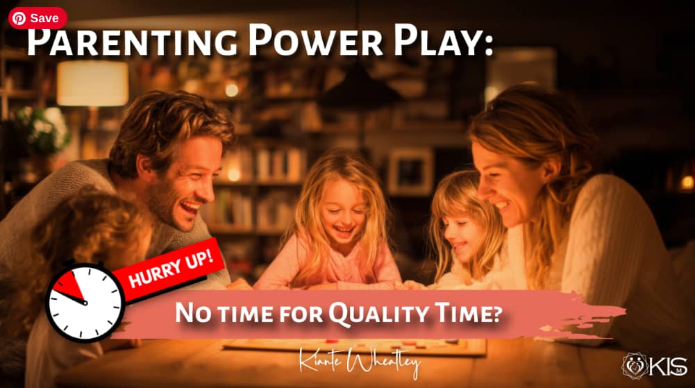 Parenting Power Play Cover Image for No Time for Quality Time? Family sitting around a table enjoying a game together and laughing.
