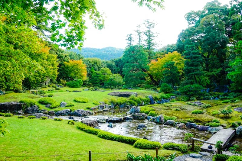 Lush green garden with a winding stream and small bridge.