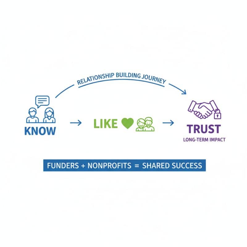 A graphic depicting the funder relationship journey moving from know to like to trust, ultimately yielding long-term impact