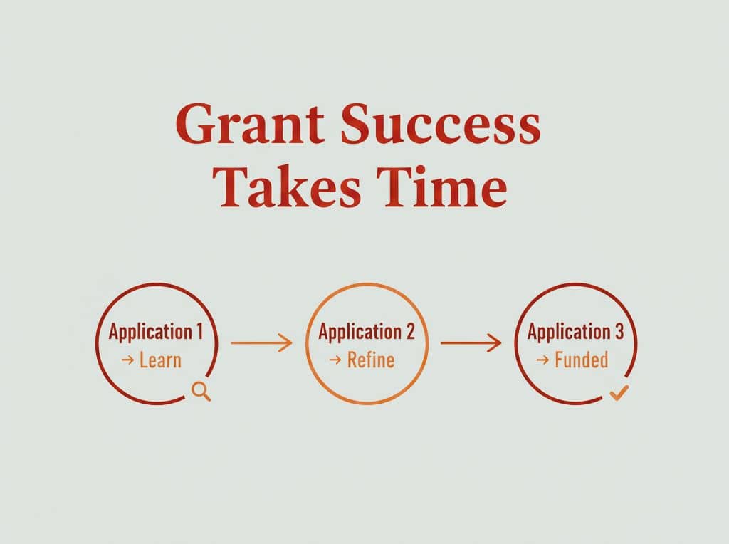 A graphic titled "Grant Success Takes Time" with three circles connected by right-pointing arrows showing the progressive success of each grant applications.