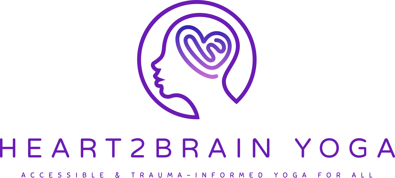 The Heart2Brain Yoga logo consists of an abstract design and text. The design features the outline of a profile of a person's face, drawn in a continuous, flowing purple line. Inside the head, forming part of the brain, is a heart-shaped pattern, symbolizing the connection between the heart and the brain. Below the design, the business name "Heart2Brain Yoga" is written in bold, uppercase purple letters. Underneath the name, the tagline "Accessible & Trauma-Informed Yoga For All" is displayed in smaller purple letters. The overall look is clean and modern, emphasizing inclusivity and mindfulness.