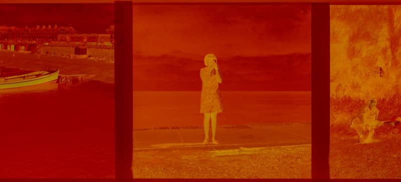 Three panels showing a boat, a person, and abstract shapes.
