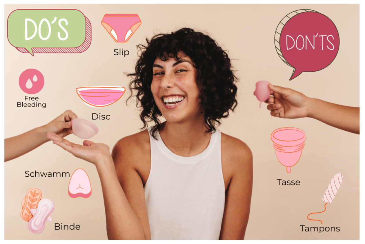 Frau mit verschiedenen Menstruationsprodukten