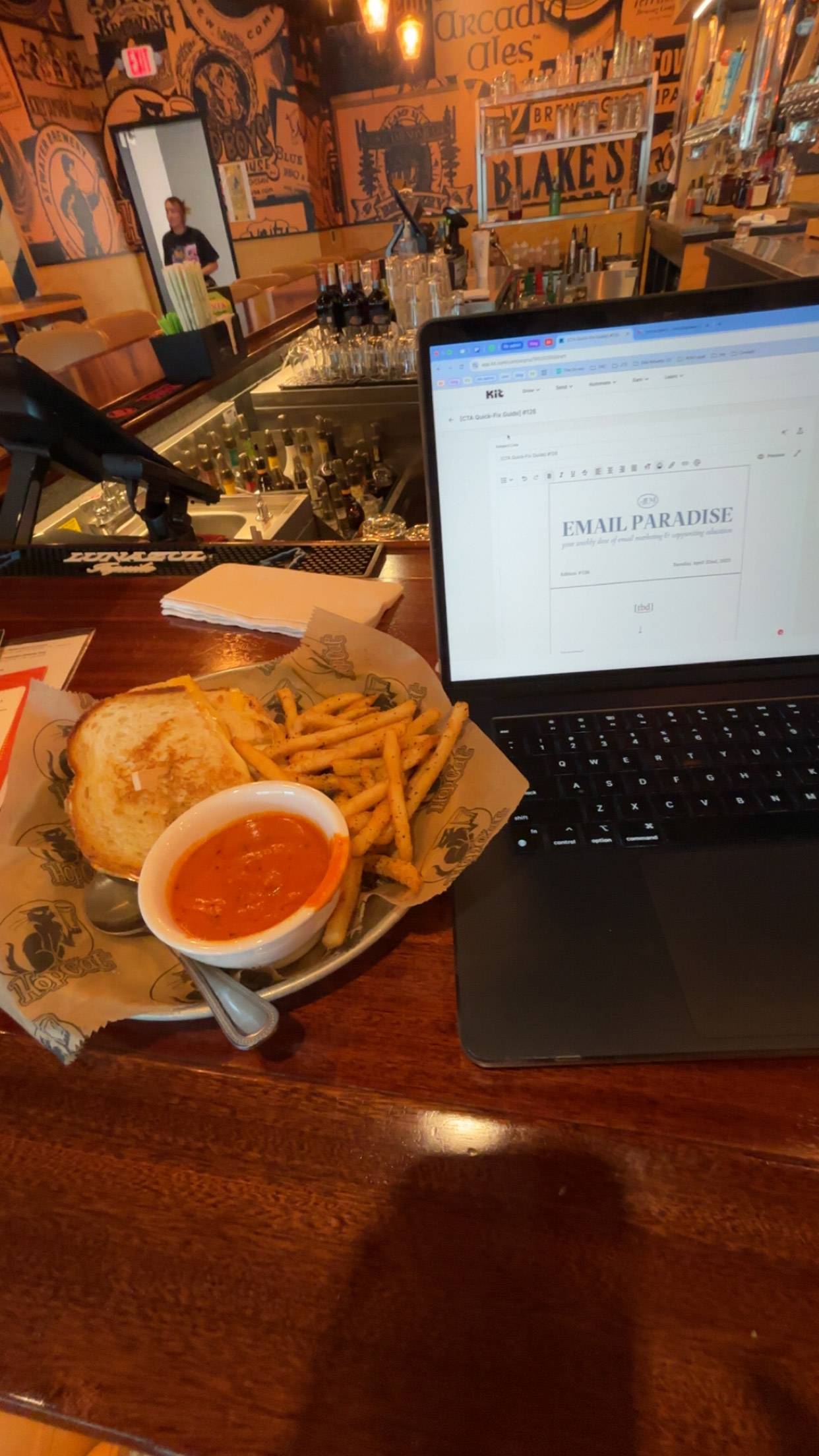 This was me writing this newsletter, eating one of my favorite grilled cheese/ soup combos at HopCat