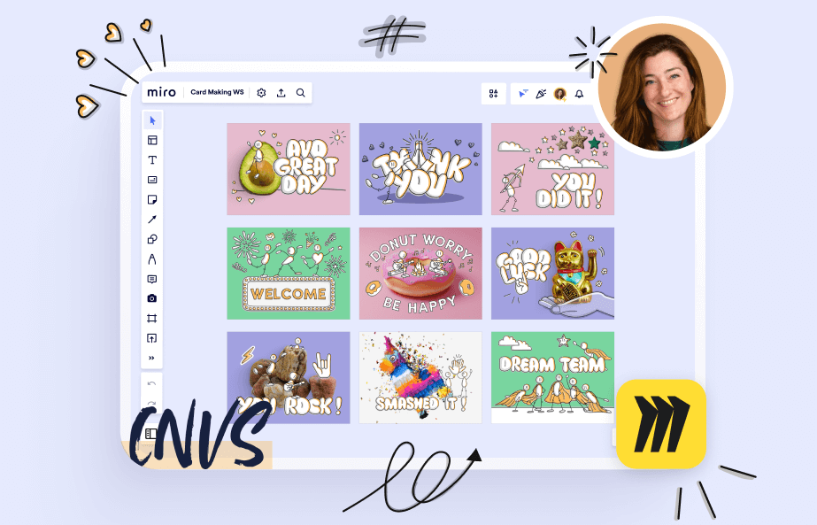 A Miro board of some of the upcoming greetings card designs with the CNVS and Miro logos and Lucie's face in the corner.