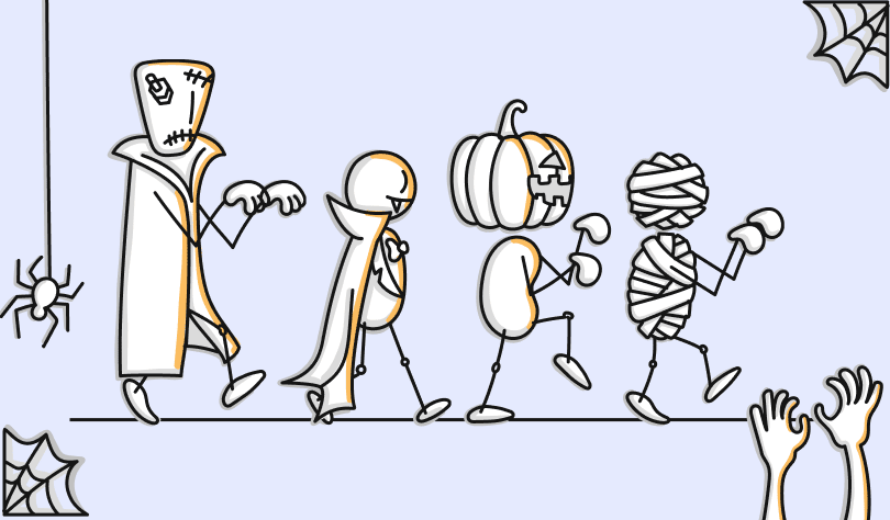 Spooky halloween illustration of a zombie, vampire, mummy and pumpkin head walking across the screen with spiderwebs