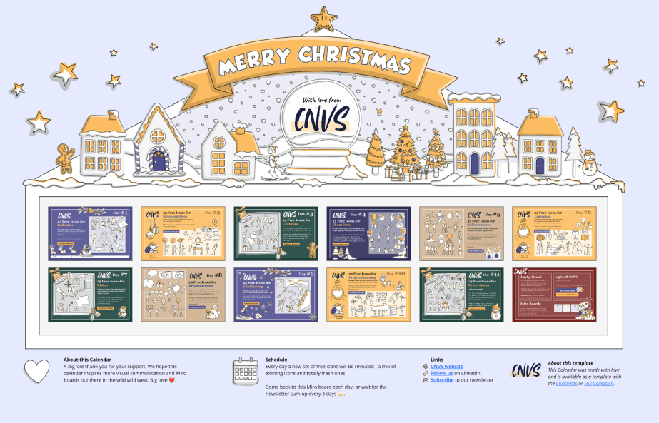 Vibrant miro board with a 12 day Christmas advent calendar doors opened