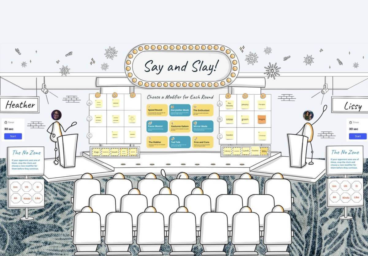 A vibrant game in Miro with a stage, audience and lots of fireworks