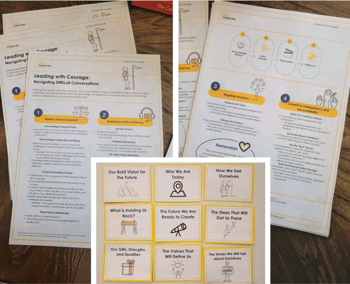 A selection of print-outs for in-person workshops, using CNVS illustrations to visualise each section