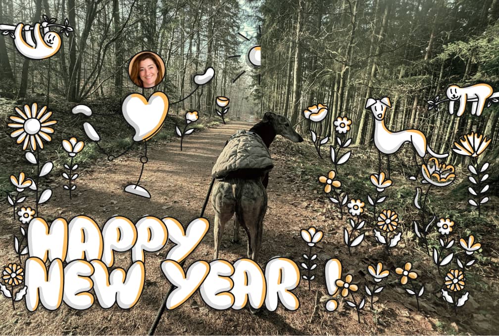 A photograph of Lucie and Evie in the Stromberg forest with illustrated flowers, trees and sloths celebrating Happy New Year