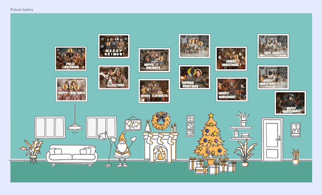 An illustrated living room with family portraits hanging up above the Christmassy fireplace