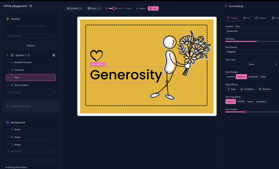 Screenshot of the beautiful I Love Cards interface showing an illustrated card using a CNVS illustration