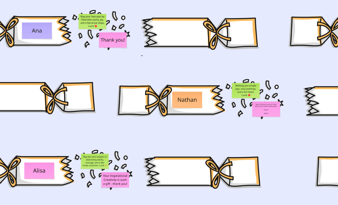 hand drawn christmas crackers that were pulled inside of Miro to reveal a special message and invite one back in return